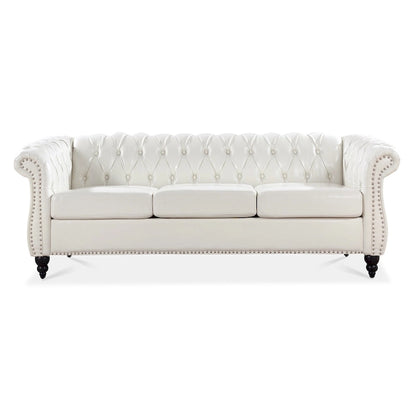 Classically Elegant 84.65 Three-Seater Rolled Arm Chesterfield Sofa in PU Leather - Sturdy Birch Legs, Soft Upholstery