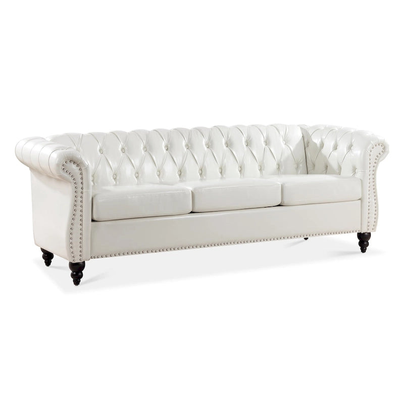 Classically Elegant 84.65 Three-Seater Rolled Arm Chesterfield Sofa in PU Leather - Sturdy Birch Legs, Soft Upholstery