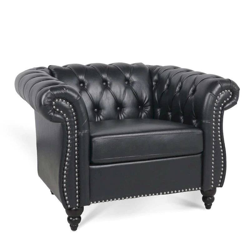 Classically Elegant 84.65 Three-Seater Rolled Arm Chesterfield Sofa in PU Leather - Sturdy Birch Legs, Soft Upholstery