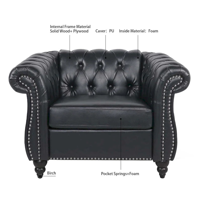 Classically Elegant 84.65 Three-Seater Rolled Arm Chesterfield Sofa in PU Leather - Sturdy Birch Legs, Soft Upholstery