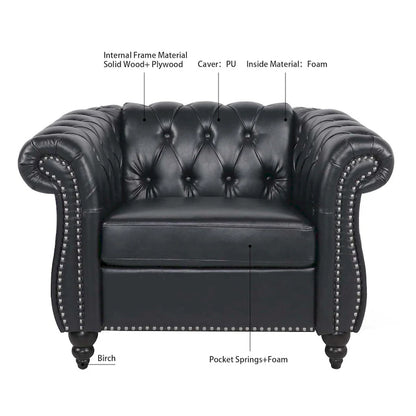 Classically Elegant 84.65 Three-Seater Rolled Arm Chesterfield Sofa in PU Leather - Sturdy Birch Legs, Soft Upholstery