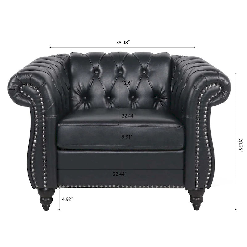Classically Elegant 84.65 Three-Seater Rolled Arm Chesterfield Sofa in PU Leather - Sturdy Birch Legs, Soft Upholstery