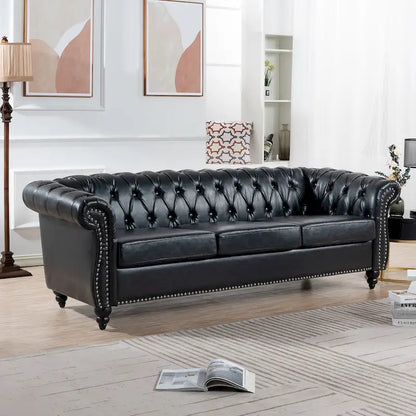 Classically Elegant 84.65 Three-Seater Rolled Arm Chesterfield Sofa in PU Leather - Sturdy Birch Legs, Soft Upholstery