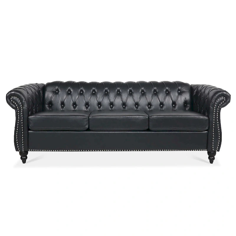 Classically Elegant 84.65 Three-Seater Rolled Arm Chesterfield Sofa in PU Leather - Sturdy Birch Legs, Soft Upholstery
