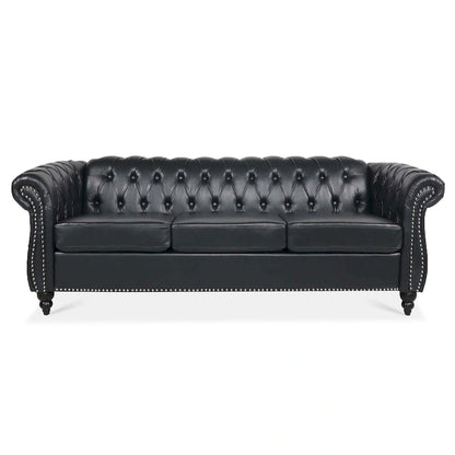 Classically Elegant 84.65 Three-Seater Rolled Arm Chesterfield Sofa in PU Leather - Sturdy Birch Legs, Soft Upholstery