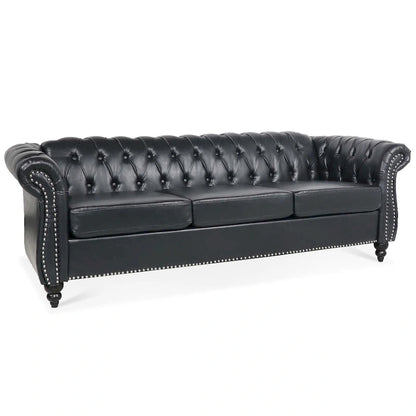 Classically Elegant 84.65 Three-Seater Rolled Arm Chesterfield Sofa in PU Leather - Sturdy Birch Legs, Soft Upholstery
