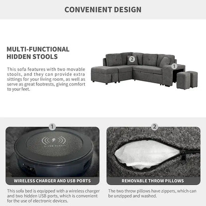 Sectional Sofa Pull Out Sofa Bed with Storage Ottoman, Convertible Sleeper for Living Room
