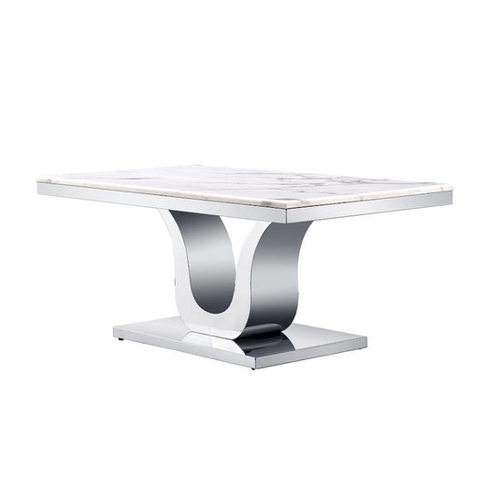 White Coffee Table with Stainless Steel Silver U Base and 48 smooth white textured top For Living Room