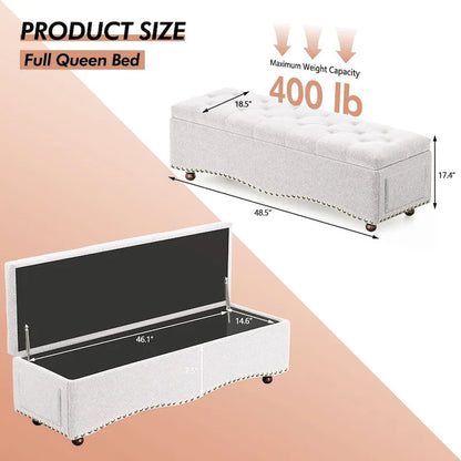 48.5 Tufted Storage Ottoman Bench with Nailhead Trims & 2 Large Side Pockets for Bedroom, Living Room, Entryway