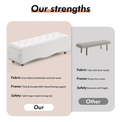 48.5 Tufted Storage Ottoman Bench with Nailhead Trims & 2 Large Side Pockets for Bedroom, Living Room, Entryway