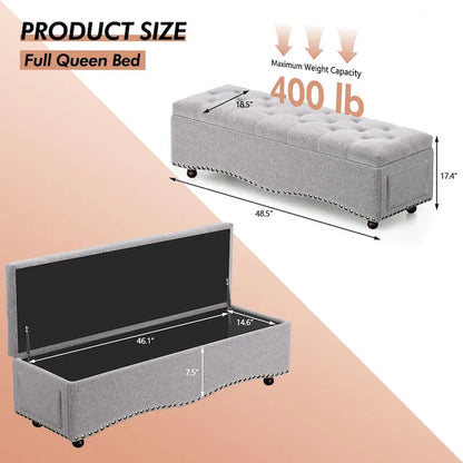 48.5 Tufted Storage Ottoman Bench with Nailhead Trims & 2 Large Side Pockets for Bedroom, Living Room, Entryway