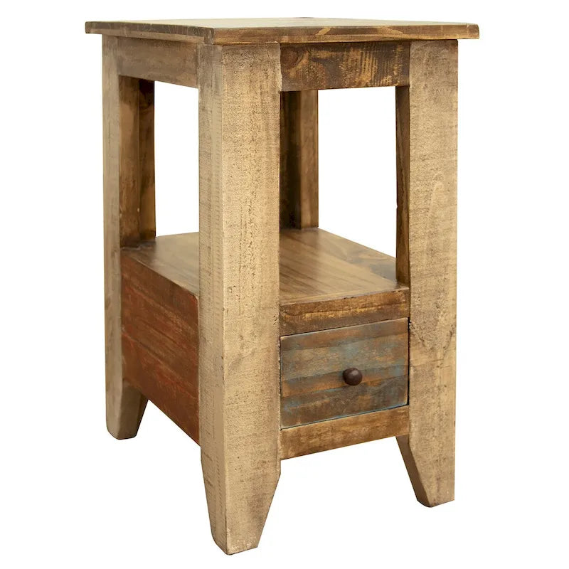Fena 26 Inch Narrow End Table, Open Shelf, Multicolor Distress Pine Wood