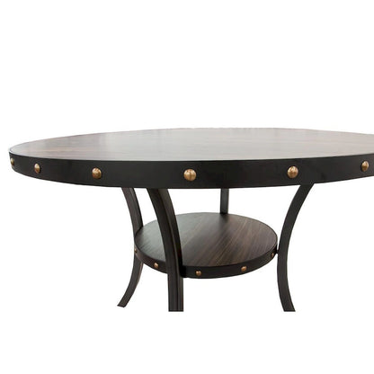 Sie 48 Inch Dining Table, Round Nailhead Trim Top with Shelf, Black Wood