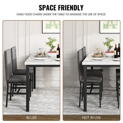 Grondin Modern Style Faux Marble Top 5-Piece Casual Dining Set with 4 Velvet Upholstered Dining Chairs