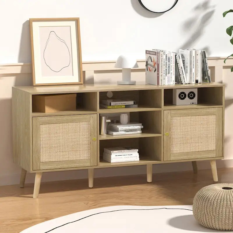 Anmytek Modern Rattan Wood TV Stand Console Table Entertainment Centers for TVs up to 65 - 59