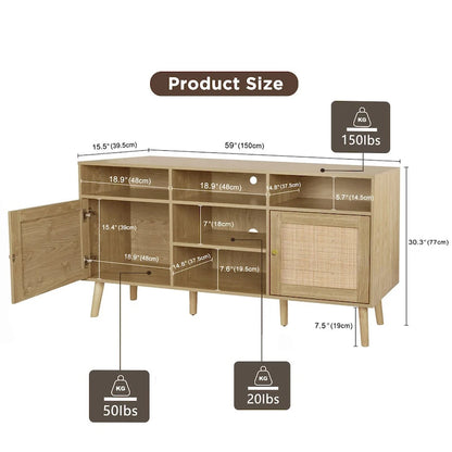 Anmytek Modern Rattan Wood TV Stand Console Table Entertainment Centers for TVs up to 65 - 59