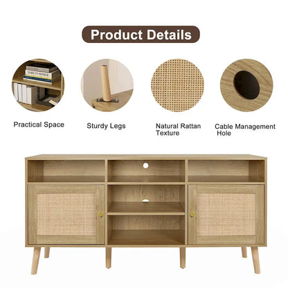 Anmytek Modern Rattan Wood TV Stand Console Table Entertainment Centers for TVs up to 65 - 59