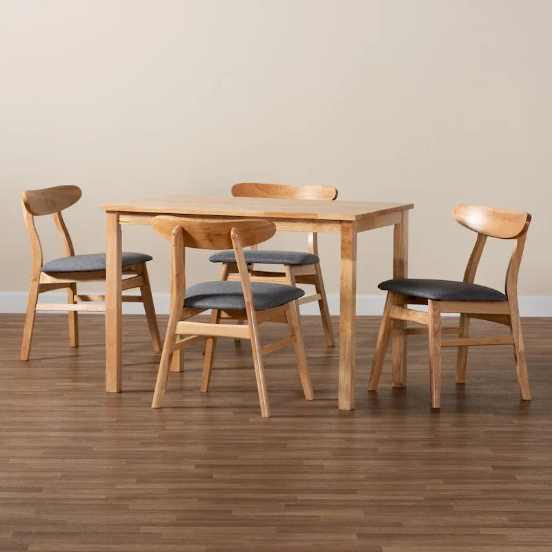 Norwin Mid-Century Grey Fabric and Natural Brown Finished Wood 5-Piece Dining Set