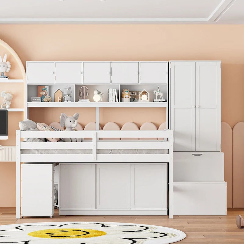 Full Size Wooden Loft Bed Big Storage with Under-bed Desk