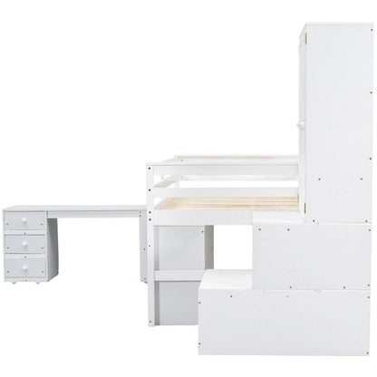 Full Size Wooden Loft Bed Big Storage with Under-bed Desk