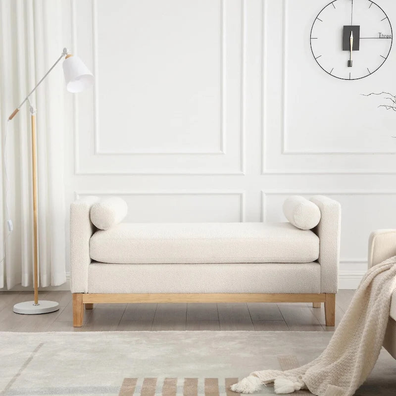 Elegant 53.5 Upholstered Ottoman Bench with Wood Legs & Bolster Pillows