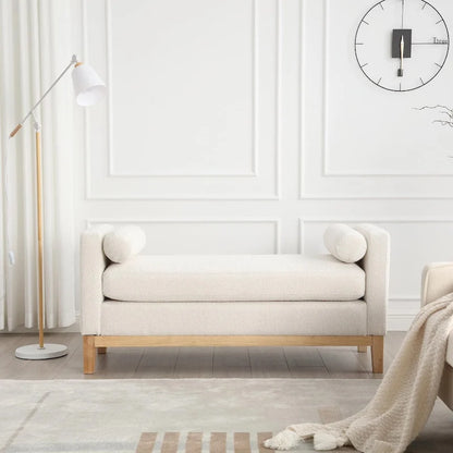Elegant 53.5 Upholstered Ottoman Bench with Wood Legs & Bolster Pillows