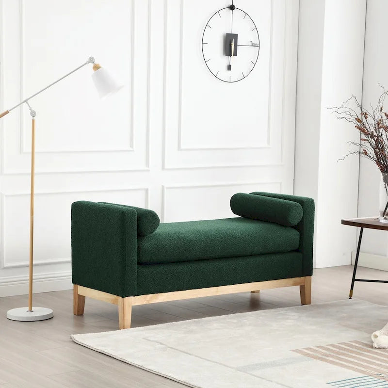 Elegant 53.5 Upholstered Ottoman Bench with Wood Legs & Bolster Pillows