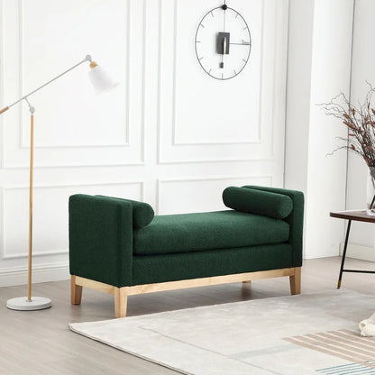 Elegant 53.5 Upholstered Ottoman Bench with Wood Legs & Bolster Pillows