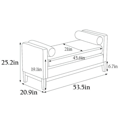 Elegant 53.5 Upholstered Ottoman Bench with Wood Legs & Bolster Pillows