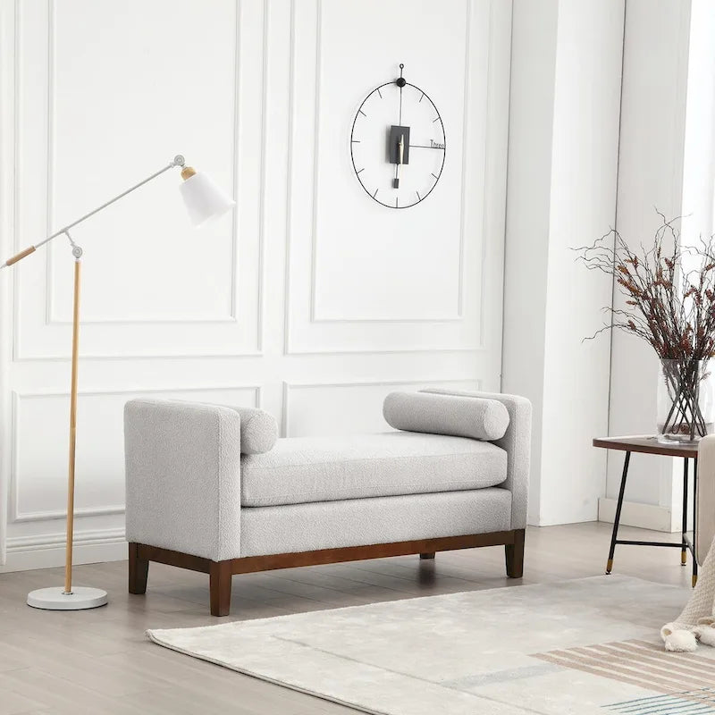 Elegant 53.5 Upholstered Ottoman Bench with Wood Legs & Bolster Pillows