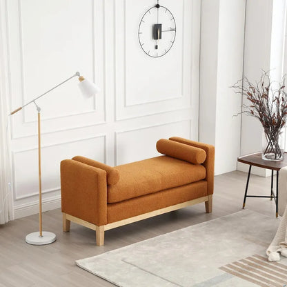 Elegant 53.5 Upholstered Ottoman Bench with Wood Legs & Bolster Pillows