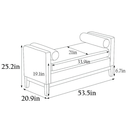 Elegant 53.5 Upholstered Ottoman Bench with Wood Legs & Bolster Pillows