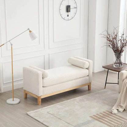Elegant 53.5 Upholstered Ottoman Bench with Wood Legs & Bolster Pillows