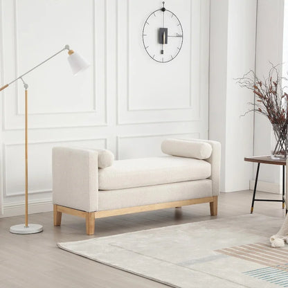 Elegant 53.5 Upholstered Ottoman Bench with Wood Legs & Bolster Pillows
