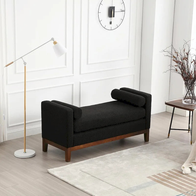 Elegant 53.5 Upholstered Ottoman Bench with Wood Legs & Bolster Pillows