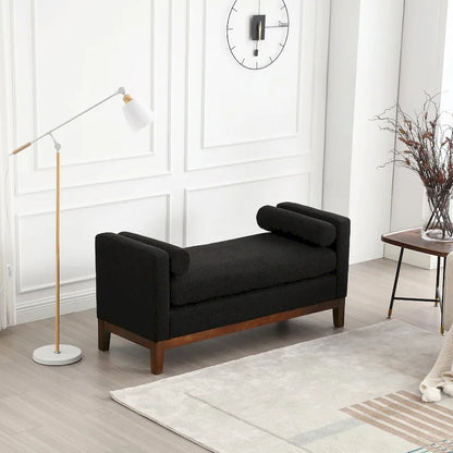 Elegant 53.5 Upholstered Ottoman Bench with Wood Legs & Bolster Pillows