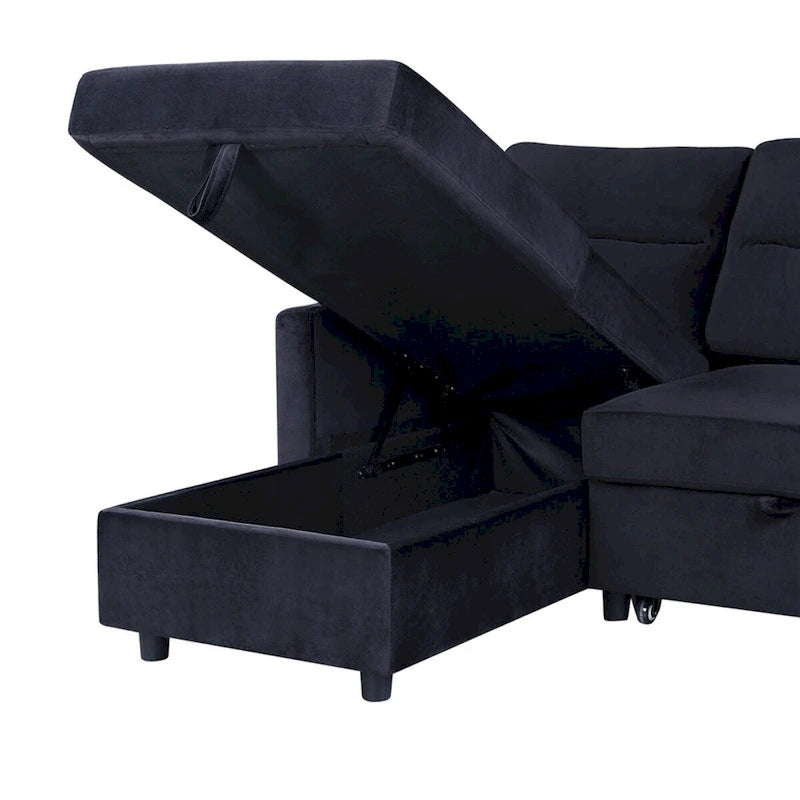 Ivy 81.5-inch Black Reversible Sleeper Sectional Sofa with Storage Chaise and Side Pocket - 81.5W x 60D x 33.5H