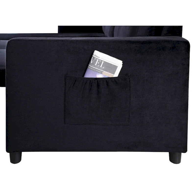 Ivy 81.5-inch Black Reversible Sleeper Sectional Sofa with Storage Chaise and Side Pocket - 81.5W x 60D x 33.5H