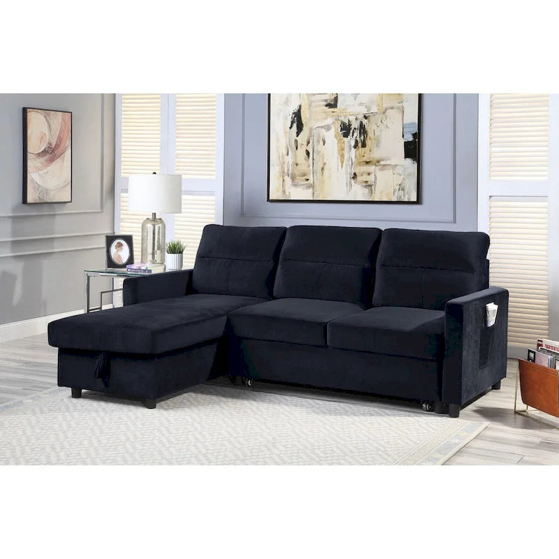 Ivy 81.5-inch Black Reversible Sleeper Sectional Sofa with Storage Chaise and Side Pocket - 81.5W x 60D x 33.5H