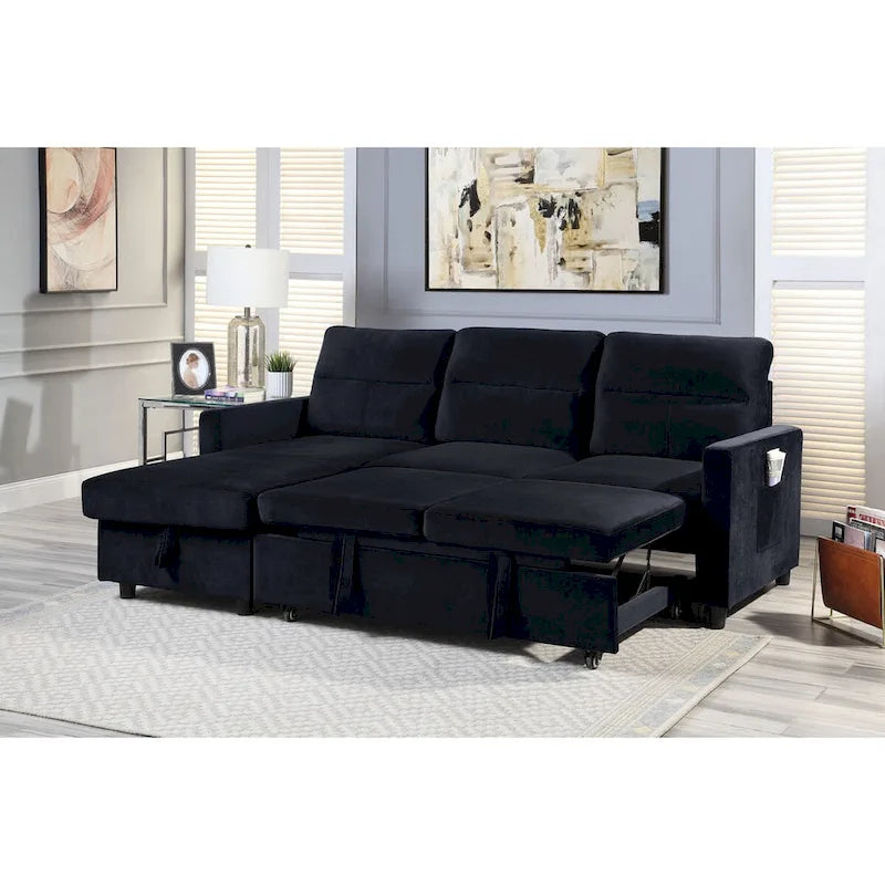 Ivy 81.5-inch Black Reversible Sleeper Sectional Sofa with Storage Chaise and Side Pocket - 81.5W x 60D x 33.5H