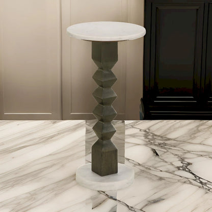 Drink Side Table, 11 Inch Round Marble, Spindle Pedestal Base, White, Gray