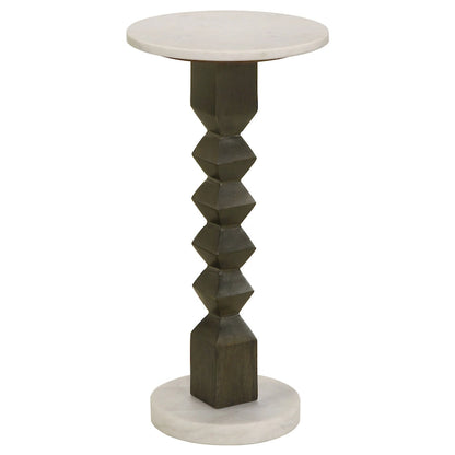 Drink Side Table, 11 Inch Round Marble, Spindle Pedestal Base, White, Gray