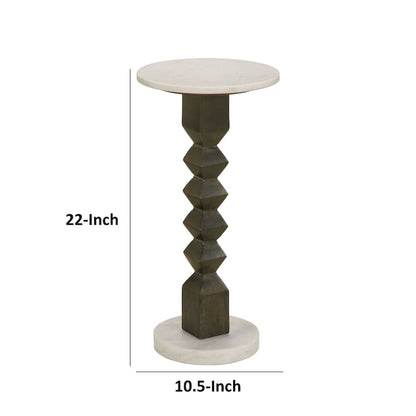 Drink Side Table, 11 Inch Round Marble, Spindle Pedestal Base, White, Gray