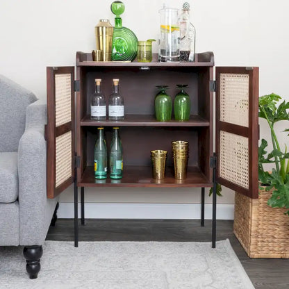 Solid Wood Bar Cabinet with Metal Legs and Woven Cane Doors