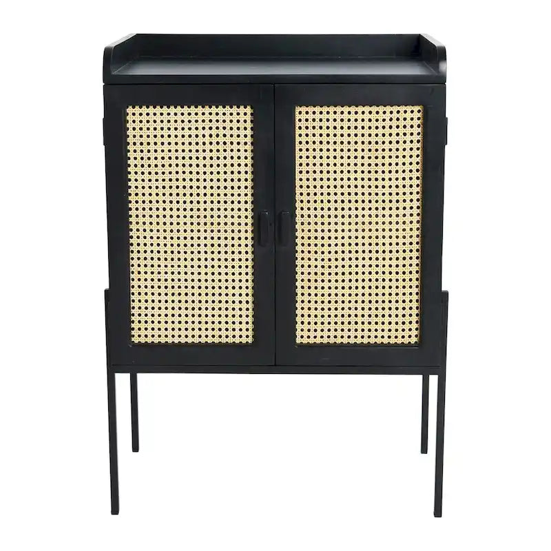 Solid Wood Bar Cabinet with Metal Legs and Woven Cane Doors