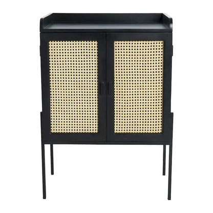 Solid Wood Bar Cabinet with Metal Legs and Woven Cane Doors