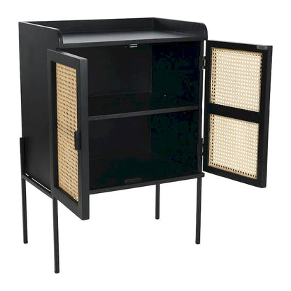 Solid Wood Bar Cabinet with Metal Legs and Woven Cane Doors