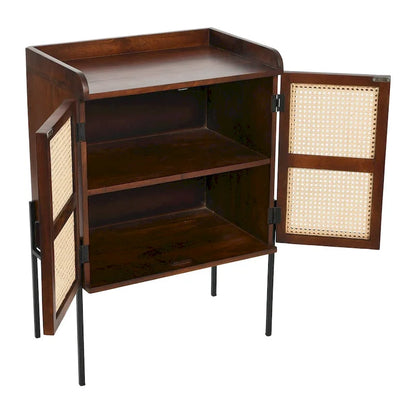 Solid Wood Bar Cabinet with Metal Legs and Woven Cane Doors