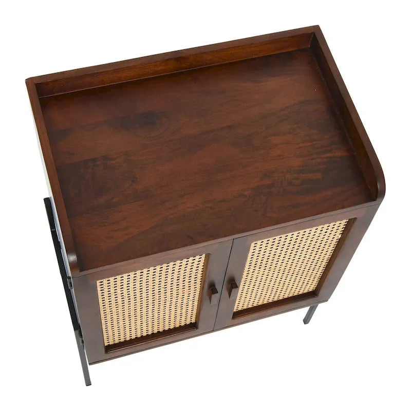 Solid Wood Bar Cabinet with Metal Legs and Woven Cane Doors
