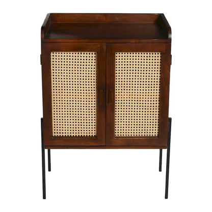 Solid Wood Bar Cabinet with Metal Legs and Woven Cane Doors